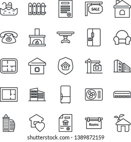 Thin Line Icon Set - house vector, contract, pool, fence, plan, estate document, sale, rooms, office building, table, cushioned furniture, sweet home, fireplace, air conditioner, fridge, smart, eco