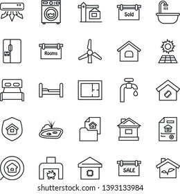 Thin Line Icon Set - house vector, pond, sun panel, windmill, water supply, plan, estate document, sale, rooms, sold signboard, search, bedroom, bathroom, washer, fireplace, air conditioner, fridge