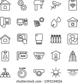 Thin Line Icon Set - house vector, bird, office building, sun panel, water supply, sold signboard, smart home, fan, web camera, intercome, pc, control app, gear, radiator, warm floor, usb flash