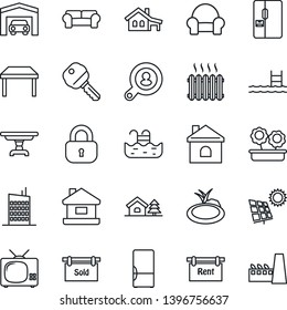 Thin Line Icon Set - house vector, pond, with garage, tree, pool, sun panel, rent, sold signboard, client search, key, lock, table, cushioned furniture, heater, fridge, tv, flower in pot, city