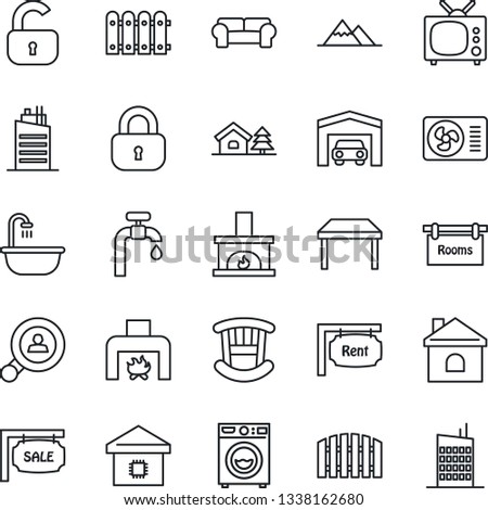 Thin Line Icon Set - house vector, with tree, water supply, mountains, garage, fence, sale, rent, rooms, client search, lock, children room, table, bathroom, washer, cushioned furniture, fireplace