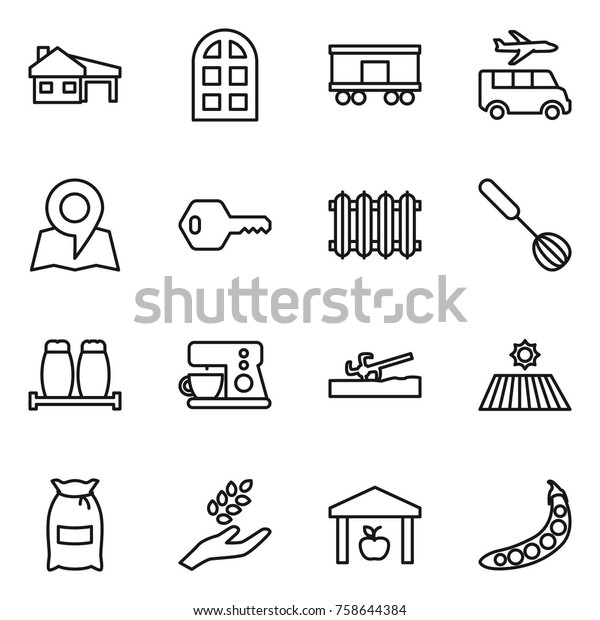 Thin\
line icon set : house with garage, arch window, railroad shipping,\
transfer, map, key, radiator, whisk, salt pepper, coffee maker,\
soil cutter, field, flour, harvest, warehouse,\
peas