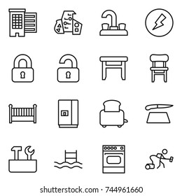 thin line icon set : houses, modern architecture, water tap, electricity, locked, unlocked, stool, chair, crib, fridge, toaster, cutting board, repair tools, pool, oven, vacuum cleaner