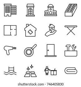 thin line icon set : houses, building, mansion, brick, plan, smart house, real estate, iron board, hair dryer, pan, door, repair tools, pool, clean floor, kitchen cleaning, towel