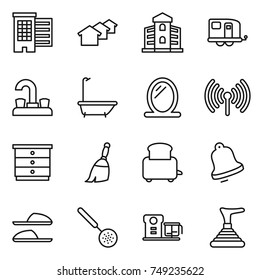 thin line icon set : houses, building, trailer, water tap, bath, mirror, wireless, chest of drawers, broom, toaster, bell, slippers, skimmer, food processor, plunger