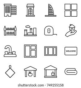 thin line icon set : houses, building, skyscraper, window, gothic architecture, city, measuring tape, real estate, water tap, welcome mat, rag, warehouse, utility room, towel