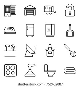 thin line icon set : houses, garage, trailer, unlocked, iron, fridge, scoop, repair tools, satellite antenna, apron, skimmer, hob, plunger, toilet, towel
