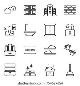 thin line icon set : houses, panel house, building, brick wall, architector, bath, power switch, unlocked, dresser, welcome mat, slippers, pets, double boiler, clean floor, cleaning, plunger