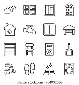 thin line icon set : houses, panel house, window, arch, smart, water tap, power switch, garage, rack, chair, speaker, scoop, vacuum cleaner, slippers, clean floor, washing machine