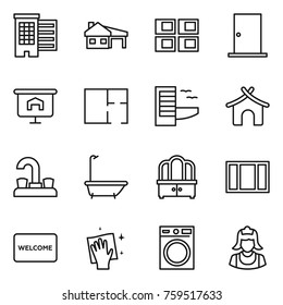 Thin line icon set : houses, house with garage, panel, door, presentation, plan, hotel, bungalow, water tap, bath, dresser, window, welcome mat, wiping, washing machine, cleaner