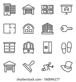 Thin line icon set : houses, garage, panel house, presentation, plan, office, key, chest of drawers, dresser, fridge, slippers, scraper, vacuum cleaner, floor washing