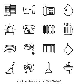 Thin line icon set : houses, slum, phone, drop, alarm, radiator, inflatable pool, mixer, window, rag, broom, wiping, plunger, water tap sink