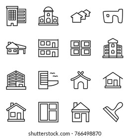 Thin line icon set : houses, mansion, slum, house with garage, modular, panel, building, office, hotel, bungalow, home, window, scraper