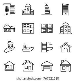 Thin line icon set : houses, mansion, skyscraper, house with garage, modular, panel, building, real estate, sea shipping, hotel, bungalow, home