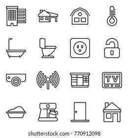 Thin line icon set : houses, house with garage, thermometer, bath, toilet, power socket, unlocked, surveillance camera, wireless, wardrobe, tv, washing, coffee maker, door