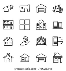 Thin line icon set : houses, slum, garage, modern architecture, modular house, window, building, district, real estate, office, hotel, bungalow, home