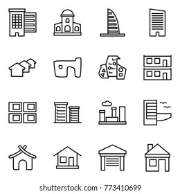 Thin line icon set : houses, mansion, skyscraper, slum, modern architecture, modular house, panel, district, city, hotel, bungalow, home, garage