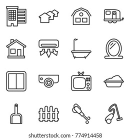 Thin line icon set : houses, house, trailer, home, air conditioning, bath, mirror, power switch, surveillance camera, tv, washing, scoop, fence, blower, vacuum cleaner