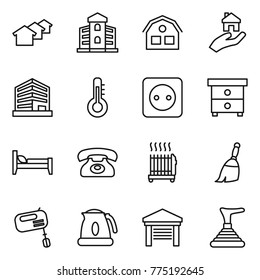 Thin line icon set : houses, building, house, real estate, office, thermometer, power socket, nightstand, bed, phone, radiator, broom, mixer, kettle, garage, plunger