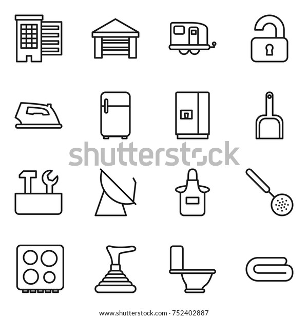 thin line icon set : houses,\
garage, trailer, unlocked, iron, fridge, scoop, repair tools,\
satellite antenna, apron, skimmer, hob, plunger, toilet,\
towel