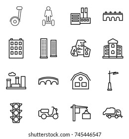 thin line icon set : hoverboard, store, bridge, building, skyscrapers, modern architecture, city, house, outdoor light, traffic, scooter shipping, loading, trash truck