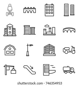 thin line icon set : hoverboard, bridge, building, skyscrapers, district, city, house, outdoor light, office, scooter shipping, loading, escalator, hotel, sweeper