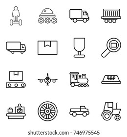 thin line icon set : hoverboard, lunar rover, delivery, truck shipping, package box, fragile, cargo search, transporter tape, plane, train, taxi, baggage checking, wheel, pickup, tractor