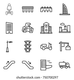 thin line icon set : hoverboard, bridge, skyscraper, modern architecture, building, city, outdoor light, traffic, scooter shipping, loading, escalator, hotel, sweeper
