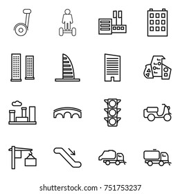 thin line icon set : hoverboard, store, building, skyscrapers, skyscraper, modern architecture, city, bridge, traffic light, scooter shipping, loading, escalator, trash truck, sweeper