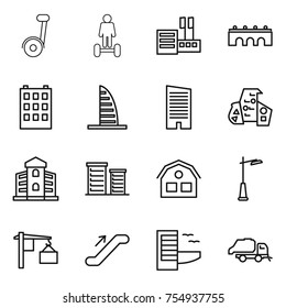 thin line icon set : hoverboard, store, bridge, building, skyscraper, modern architecture, district, house, outdoor light, loading, escalator, hotel, trash truck