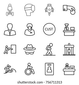 thin line icon set : hoverboard, virtual mask, jet robot, hand coin, client, support manager, customs, control, courier delivery, confidential, tourist, detector, surfer, invalid, identity card