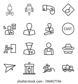 Thin line icon set : hoverboard, jet robot, hand coin, under construction, architector, client, customs, courier delivery, security man, workman, confidential, deltaplane, detector, surfer