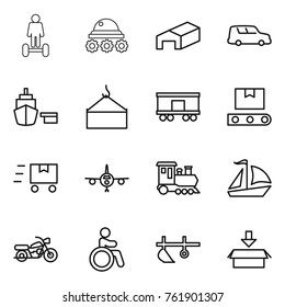 Thin line icon set : hoverboard, lunar rover, warehouse, car shipping, port, loading crane, railroad, transporter tape, fast deliver, plane, train, sail boat, motorcycle, invalid, plow, package