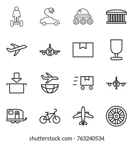 Thin line icon set : hoverboard, electric car, lunar rover, airport building, plane, package box, fragile, shipping, fast deliver, trailer, bike, airplane, wheel