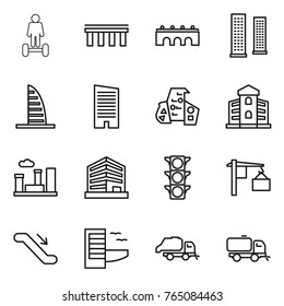 Thin line icon set : hoverboard, bridge, skyscrapers, skyscraper, modern architecture, building, city, office, traffic light, loading, escalator, hotel, trash truck, sweeper