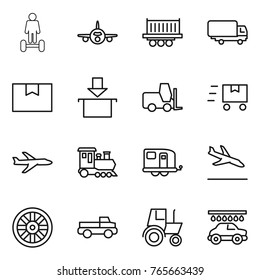 Thin line icon set : hoverboard, plane, truck shipping, package box, fork loader, fast deliver, train, trailer, arrival, wheel, pickup, tractor, car wash