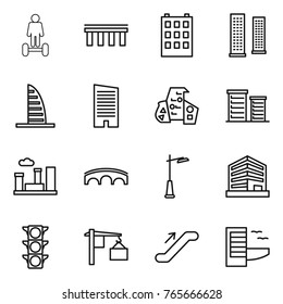 Thin line icon set : hoverboard, bridge, building, skyscrapers, skyscraper, modern architecture, district, city, outdoor light, office, traffic, loading, escalator, hotel
