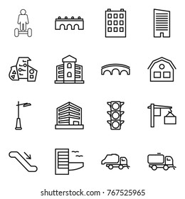 Thin line icon set : hoverboard, bridge, building, skyscraper, modern architecture, house, outdoor light, office, traffic, loading, escalator, hotel, trash truck, sweeper