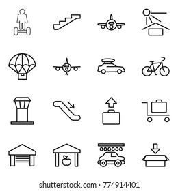 Thin line icon set : hoverboard, stairs, plane, sun potection, parachute delivery, car baggage, bike, airport tower, escalator, trolley, garage, warehouse, wash, package
