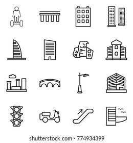 Thin line icon set : hoverboard, bridge, building, skyscrapers, skyscraper, modern architecture, city, outdoor light, office, traffic, scooter shipping, escalator, hotel