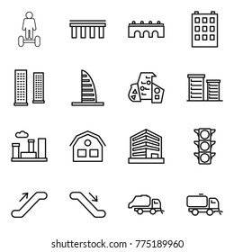 Thin line icon set : hoverboard, bridge, building, skyscrapers, skyscraper, modern architecture, district, city, house, office, traffic light, escalator, trash truck, sweeper