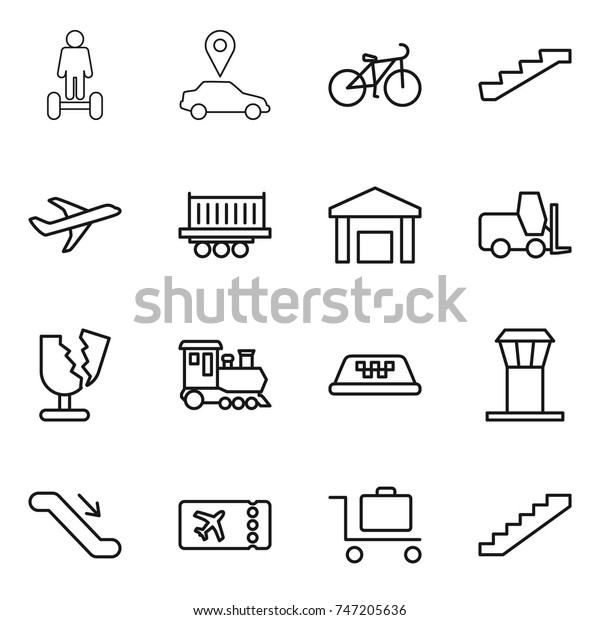 thin line icon\
set : hoverboard, car pointer, bike, stairs, plane, truck shipping,\
warehouse, fork loader, broken, train, taxi, airport tower,\
escalator, ticket, baggage\
trolley