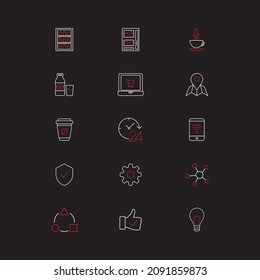 Thin line icon set. Line icons vector illustration. Double color icon. Business icon set. Wifi, coffee, work, cup, shop. Dark background icon set. White red vector illustration