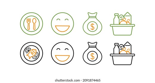 Thin line icon set. Line icons vector illustration. Double color icon. Black and green icon. Smile face, plate of food, money bag, dollar