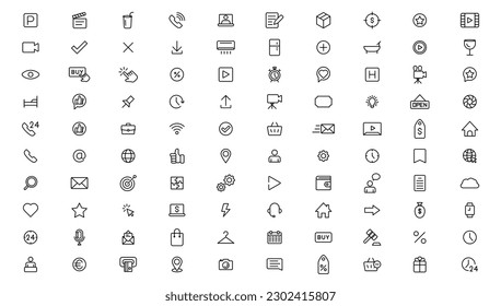 Juego de iconos de línea delgada. Iconos de contacto de medios de comercio electrónico de marketing de negocios.