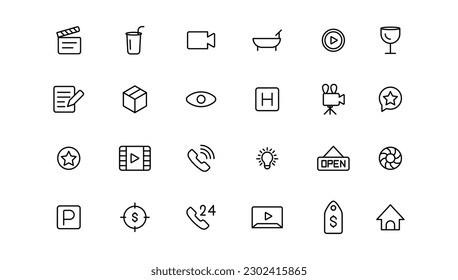 Juego de iconos de línea delgada. Iconos de contacto de medios de comercio electrónico de marketing de negocios.