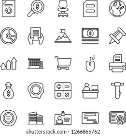 Thin Line Icon Set - identity card vector, office chair, calculator, mouse, tie, document, drawing pin, manager place, reload, circle chart, stamp, printer, building, arrow up graph, motivation