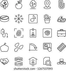 Thin Line Icon Set - identity card vector, hierarchy, crisis graph, flower in pot, tree, pumpkin, seeds, bird house, dropper, pills, blister, place tag, fingerprint id, music, case, paper clip, pond