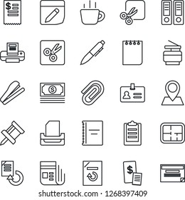 Thin Line Icon Set - identity vector, office binder, pen, notepad, coffee, document reload, pin, cash, news, notes, cut, clipboard, copybook, drawing, paper clip, printer, tray, copier, stapler