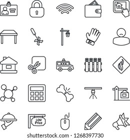 Thin Line Icon Set - identity card vector, mouse, pencil, glove, garden light, ripper, molecule, ambulance car, broken bone, patient, calculator, wireless, cut, house, low price signboard, lock